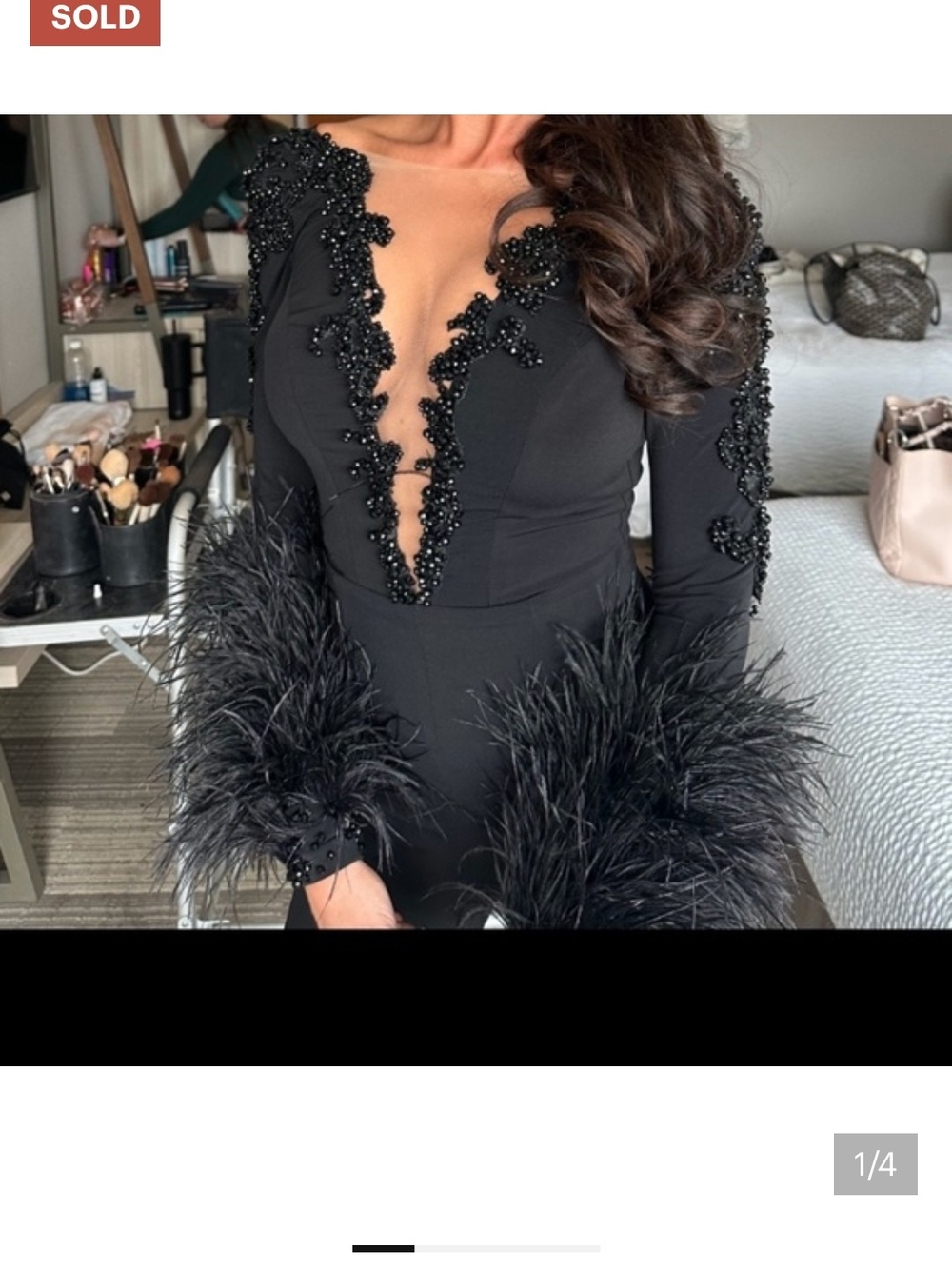 Midnight Feather-Cuff Plunge Jumpsuit - Picture 2 of 3
